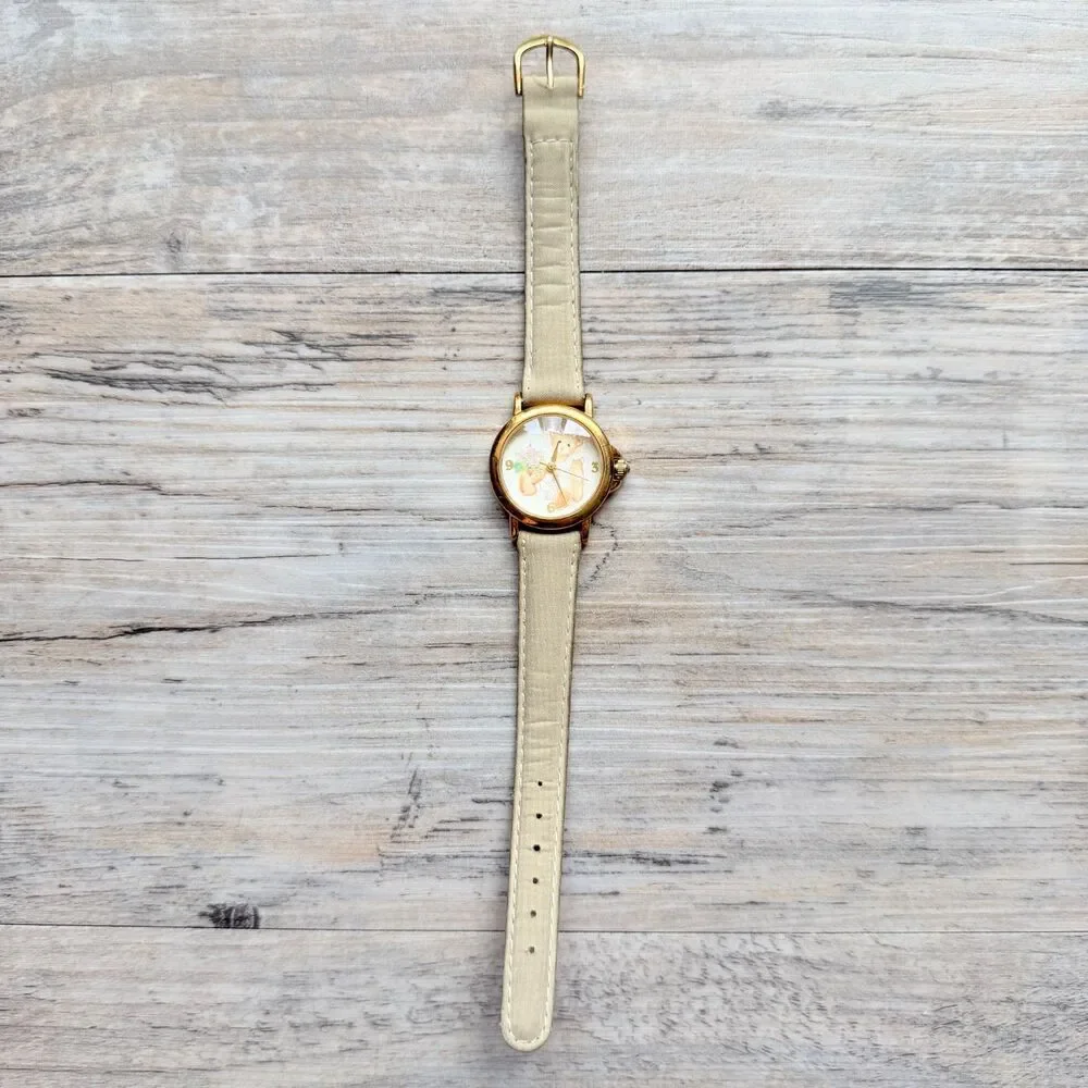 Vintage Teddy Bear Coquette Wrist Watch Gold Tone Cream Strap Soft Girl Working